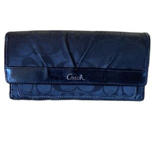 Coach Signature Black Trifold Wallet Leather Trim Classic Monogram Luxury Logo